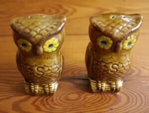 Pair of Vintage 60s 70s Owl Glazed Painted Chalkware Salt Pepper Shakers Set
